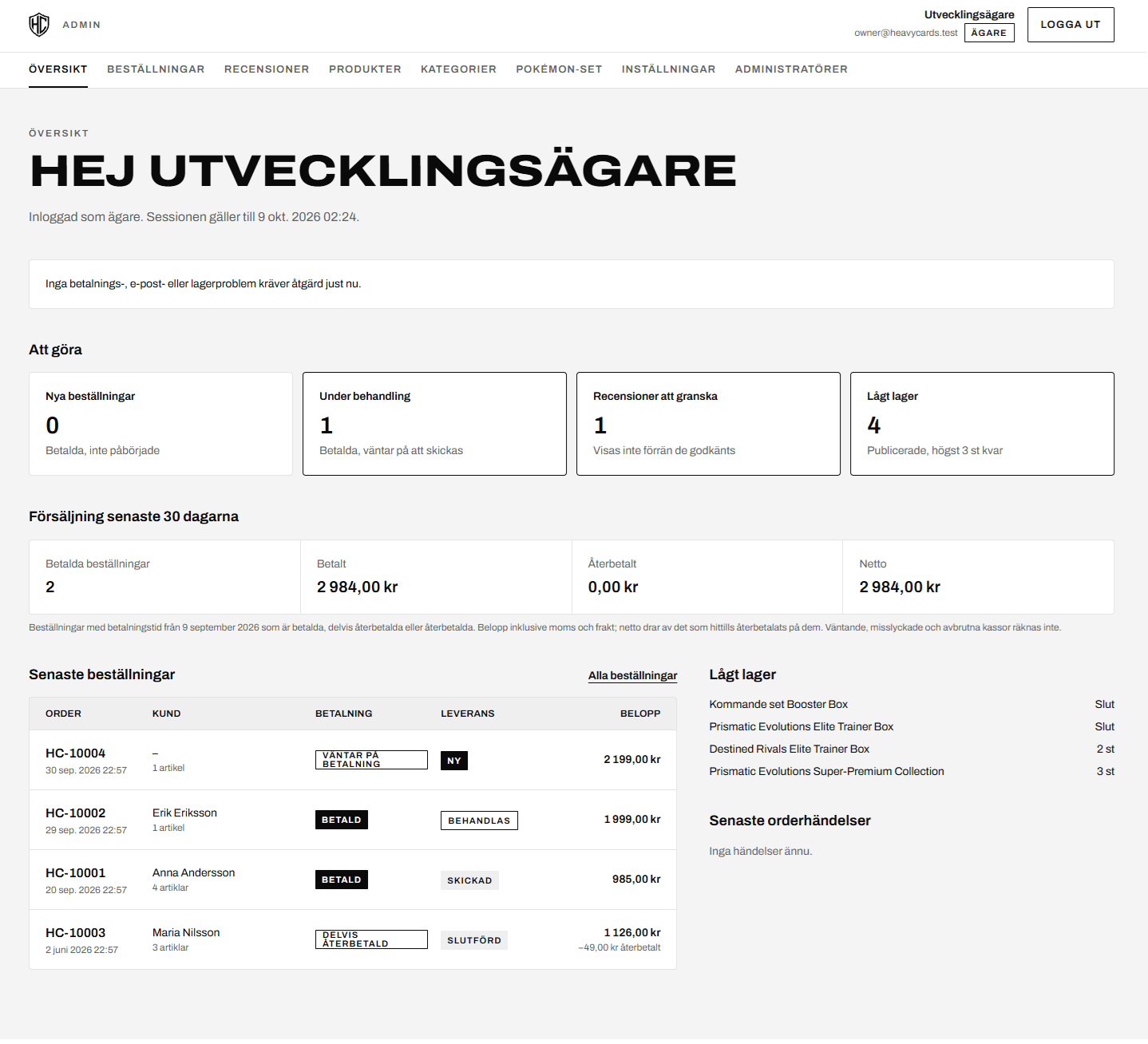 Skärmbild av HeavyCards administrationsöversikt med nya beställningar, försäljning, senaste order och lågt lager.