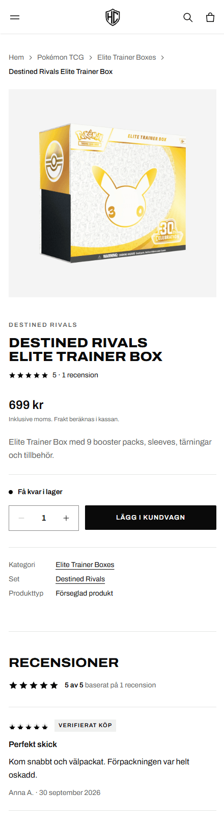 Skärmbild av en produktsida i HeavyCards mobilvy med pris, lagerstatus och knapp för kundvagn.