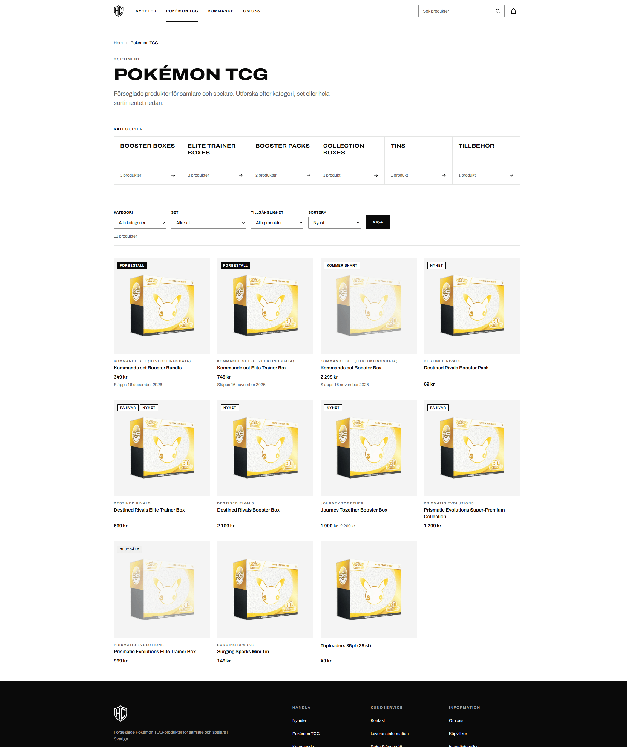 Skärmbild av HeavyCards produktkatalog med kategorier, filter och produktkort.