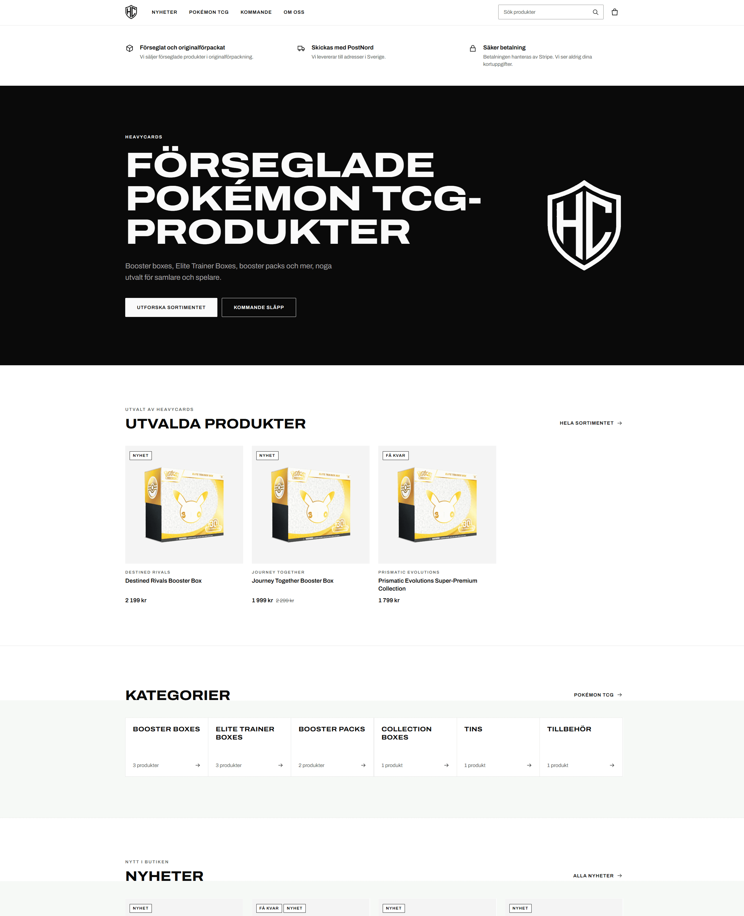 Skärmbild av HeavyCards startsida med sidhuvud, introduktion och utvalda produkter.